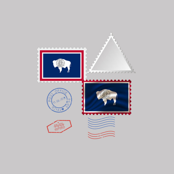 Postage stamp with the image of Wyoming state flag. Hawaii Flag Postage on gray background with shadow. Illustration. - Foto, imagen
