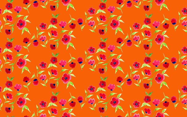 hand drawn seamless watercolor colorful bright pattern with red flowers - Photo, image