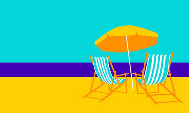 Ilustración de dos tumbonas bajo un paraguas en la playa
 - Vector, imagen