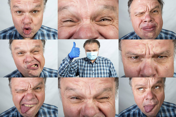 Les émotions d'un homme d'âge moyen quand il a acquis des masques et des gants. Satire et humour lors d'une pandémie
 - Photo, image
