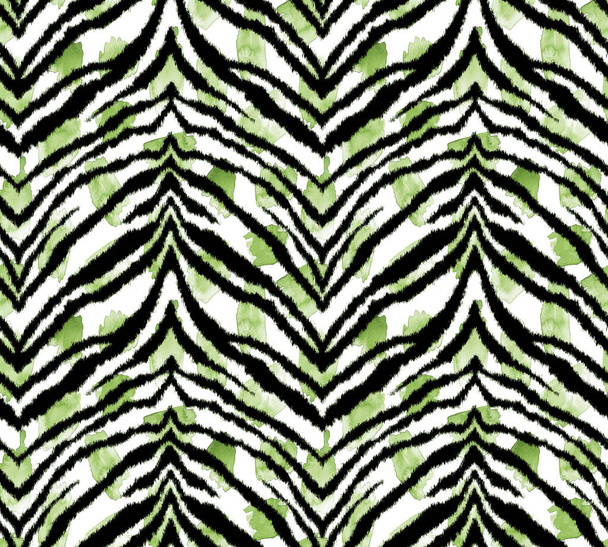 disegno a mano senza cuciture modello luminoso con strisce zebra su macchie acquerello - Foto, immagini