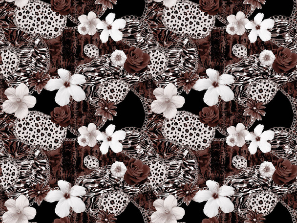 nahtloses Muster mit bunten Blumen und Leopardenflecken - Foto, Bild