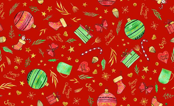 hand drawn seamless colorful pattern with christmas decorations  - Photo, Image