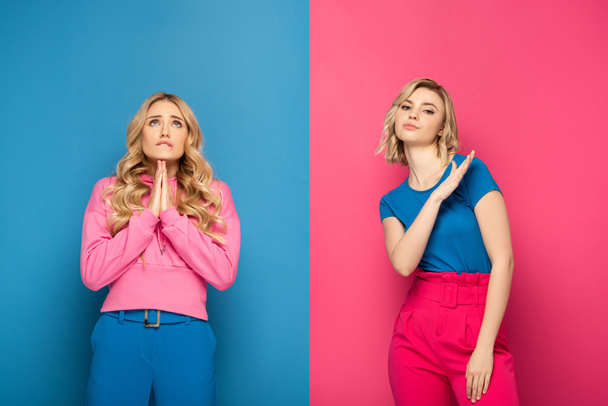 Blonde girls showing shop and hope gestures on pink and blue background - Foto, Imagem