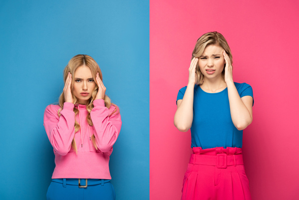 Thoughtful blonde women looking at camera on pink and blue background - Фото, зображення