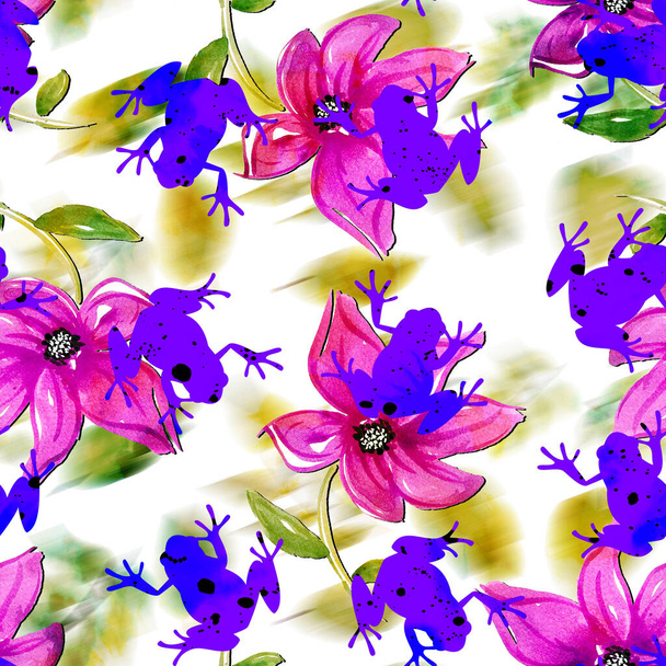 hand drawn seamless bright pattern with frogs on colorful flowers - Photo, Image
