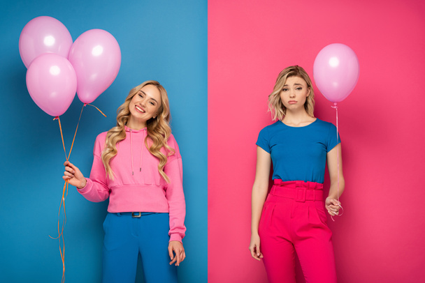 Smiling and sad blonde girls holding balloons on blue and pink background - Foto, afbeelding