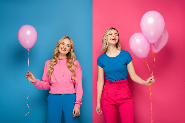 Cheerful blonde girls holding balloons on blue and pink background - Fotó, kép
