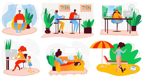 Freelance people self-isolation at home cartoon character vector illustration. Laptop on sofa remote freelance work, cool job, remote workers labor set. - Wektor, obraz