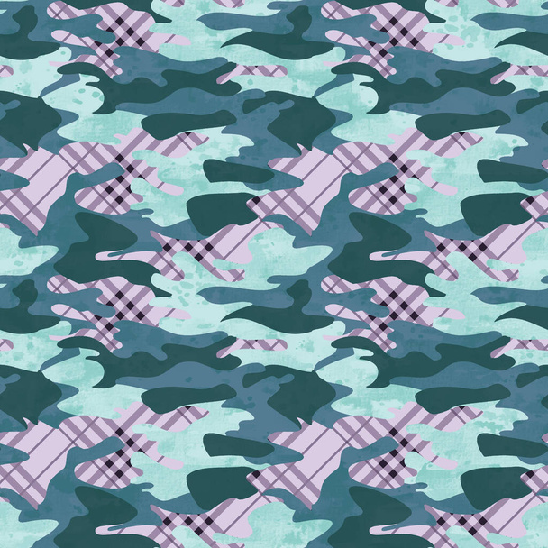бесшовный акварельный красочный узор с клетчатым эффектом и камуфляжными пятнами  - Фото, изображение