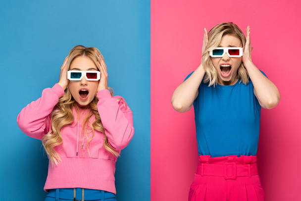 Scared and shocked blonde girls in 3d glasses on blue and pink background - Fotó, kép