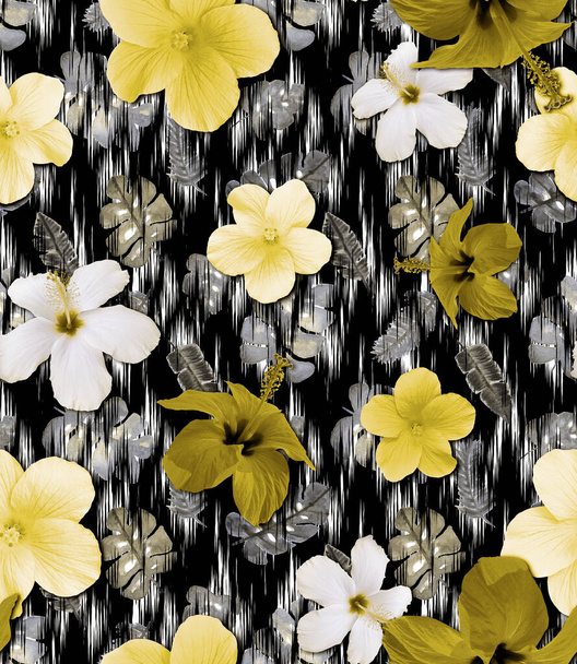 безшовний барвистий яскравий змішаний візерунок з тропічними квітами і намальованими руками листям
  - Фото, зображення