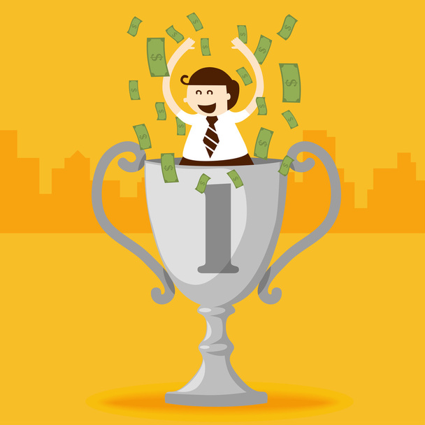 Business man stand in trophy cup with dollar notes - Vector, Image