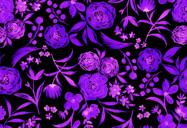 hand drawn seamless watercolorful bright pattern with flowers - Foto, Imagem