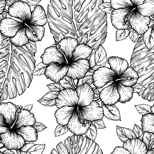 Hand drawn tropical hibiscus flower. Seamless floral pattern with palm leaves on white background. Exotic engraving wallpaper for textile, surface design or banner. Great template for coloring book - Vector, Image