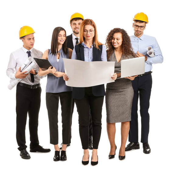 Group of young architects on white background - Photo, Image