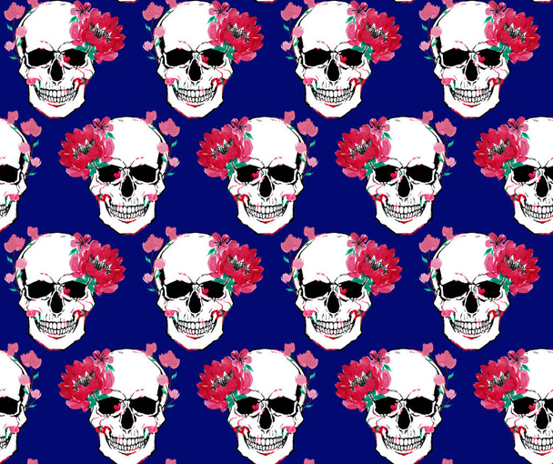 seamless watercolor colorful bright pattern with skulls and flowers, halloween background  - Foto, Bild