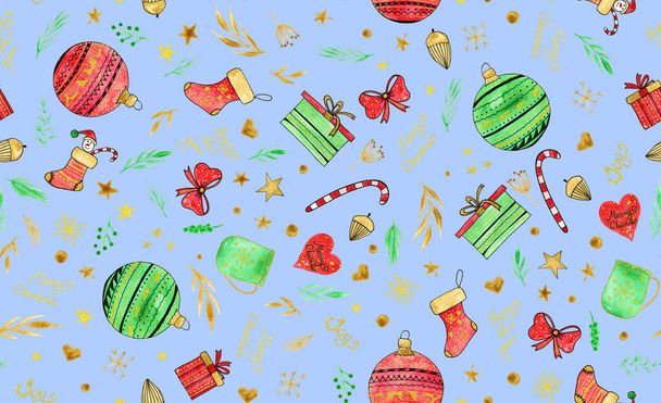 met de hand getekend naadloos kleurrijk patroon met kerst decoraties  - Foto, afbeelding