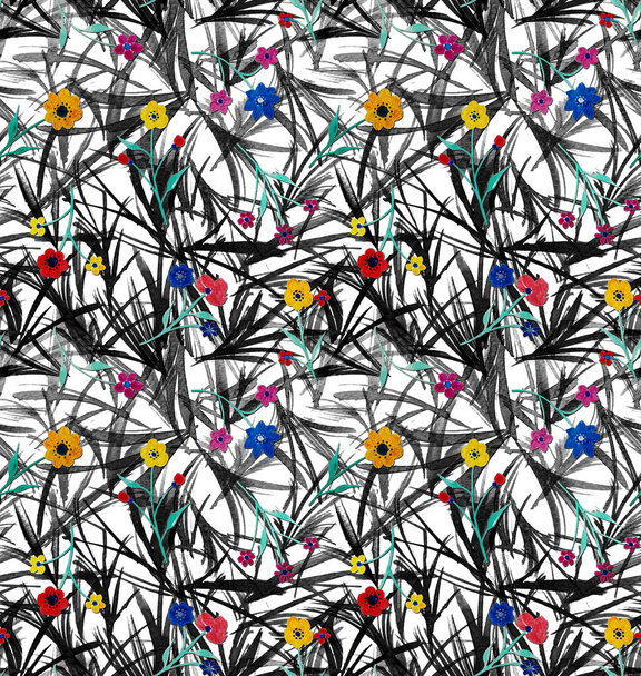 hand drawn seamless colorful bright pattern with colorful flowers and grass  - Photo, Image