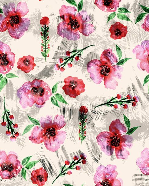 hand drawn seamless colorful bright pattern with colorful flowers  - 写真・画像
