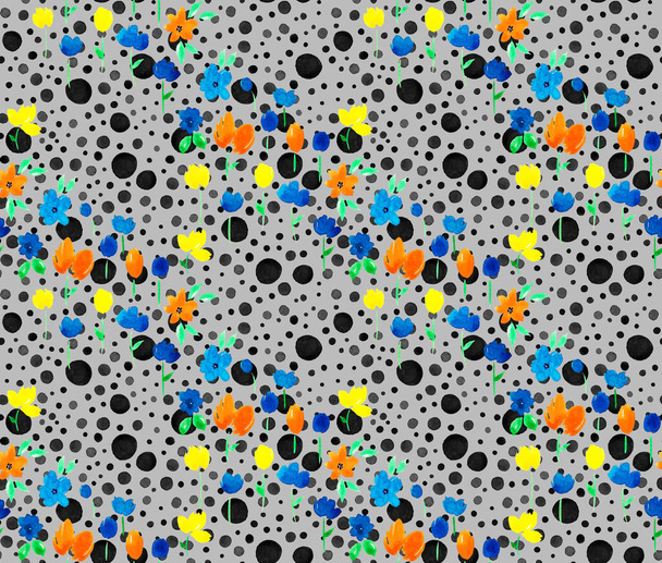 hand drawn seamless colorful bright pattern with colorful flowers and dots - Photo, Image
