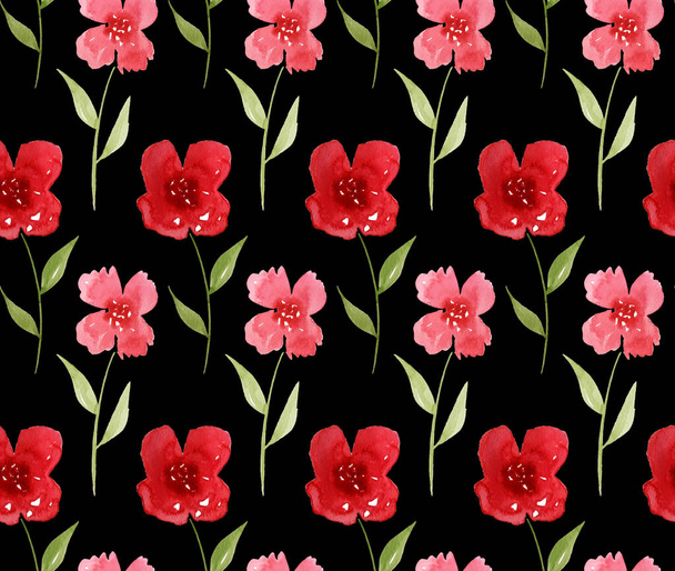 hand drawn seamless watercolor colorful bright pattern with red flowers - Foto, Imagem