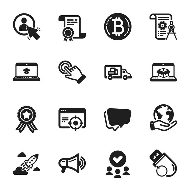 Set of Technology icons, such as Startup rocket, Touchscreen gesture. Certificate, approved group, save planet. Bitcoin, User, Megaphone. Divider document, Flash memory, Speech bubble. Vector - Vecteur, image