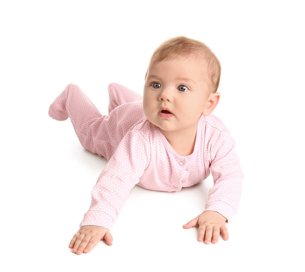Bebê bonito em roupas elegantes no fundo branco
 - Foto, Imagem