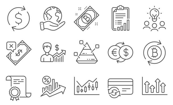 Set of Finance icons, such as Dollar exchange, Upper arrows. Diploma, ideas, save planet. Financial diagram, Checklist, Rejected payment. Refresh bitcoin, Loan percent, Pyramid chart. Vector - Vecteur, image