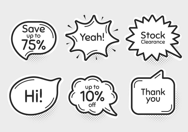 コミックチャット泡。75% 、 10%の割引と株式のクリアランスを保存します。ありがとう、こんにちはとはいのフレーズ。ショッピングテキストを販売します。フレーズでメッセージをチャットします。テキストメッセージの思考音声バブルを描く。ベクトル - ベクター画像