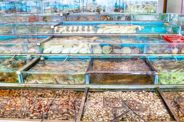 Pesce vivo, aragoste, granchi e altri frutti di mare molluschi sono stipati in vasche di pesce al mercato dei frutti di mare a Sai Kung, Hong Kong. Sai Kung villaggio è famoso per i suoi numerosi ristoranti di pesce e mercato del pesce galleggiante
. - Foto, immagini