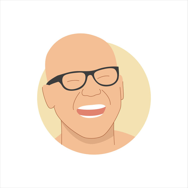 Векторная иллюстрация портрета счастливого смеющегося привлекательного лысого человека в очках. Она представляет собой понятие смеха, радости и счастья. Также может использоваться в качестве значка, значка или значка
 - Вектор,изображение