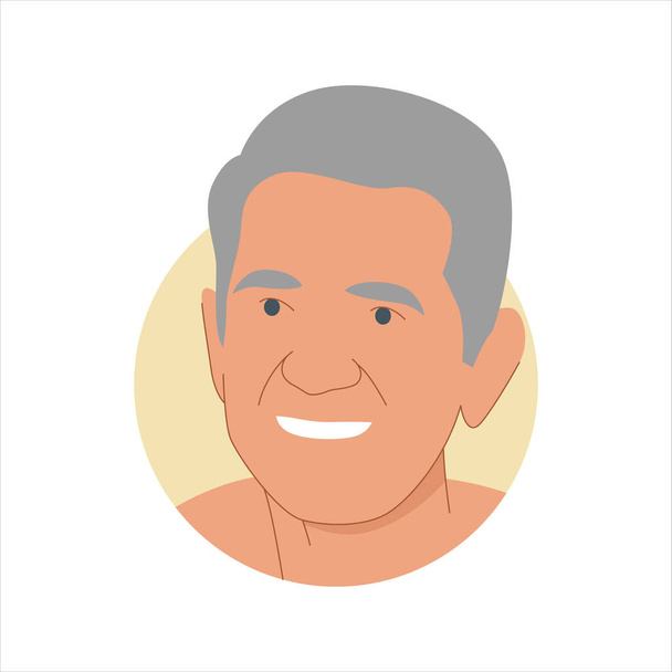 Vektorillustration eines Porträts eines glücklich lächelnden, grauhaarigen älteren Mannes. Sie repräsentiert ein Konzept von Weisheit, Freude und Glück. Kann auch als Avatar, Symbol oder Abzeichen verwendet werden - Vektor, Bild