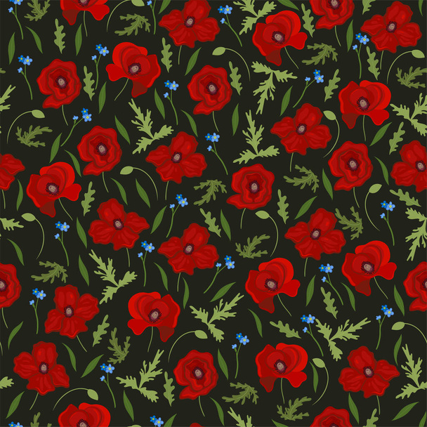 Seamless pattern with poppies and forget-me-nots. Vector image. - Wektor, obraz