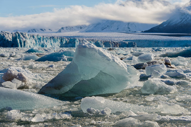 Landschap met gletsjer in Spitsbergen in de zomer. Zonnig weer. - Foto, afbeelding