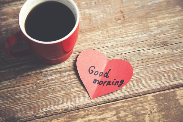 coffee with good morning text on heart - Valokuva, kuva