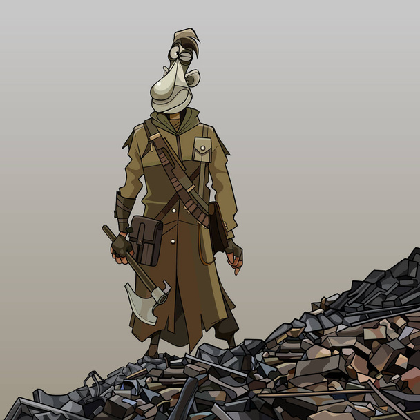 Zeichentrickmann in Militärkleidung steht auf den Ruinen der Apokalypse - Vektor, Bild