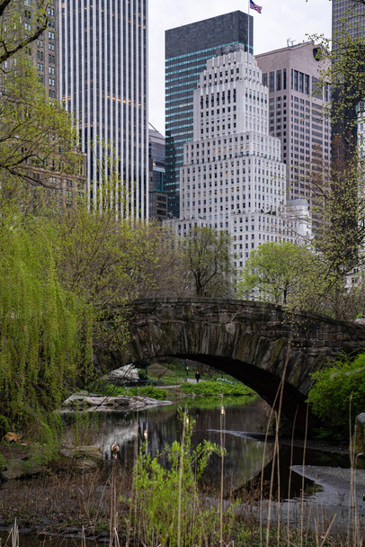 New York City, New York / USA - April 6 2020: Central Park, summertime. Green trees, old architecture in New York City Central Park. Beautiful nature and buildings in Manhattan Central Park - Photo, image
