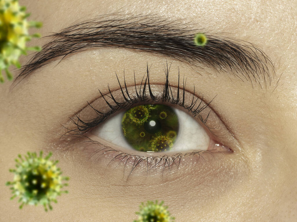 Close-up shoot van een vrouwelijk oog met 3D-geïllustreerde coronavirus modellen, de manier van infecteren - Foto, afbeelding