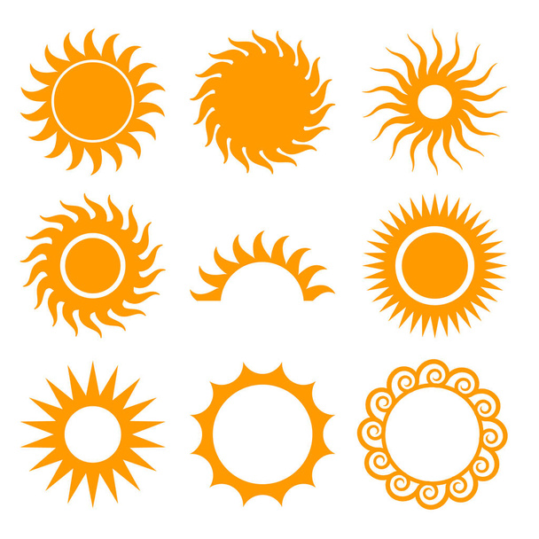Vektorová sluneční ikona nastavena. Sluneční kolekce žlutého letního loga - Vektor, obrázek