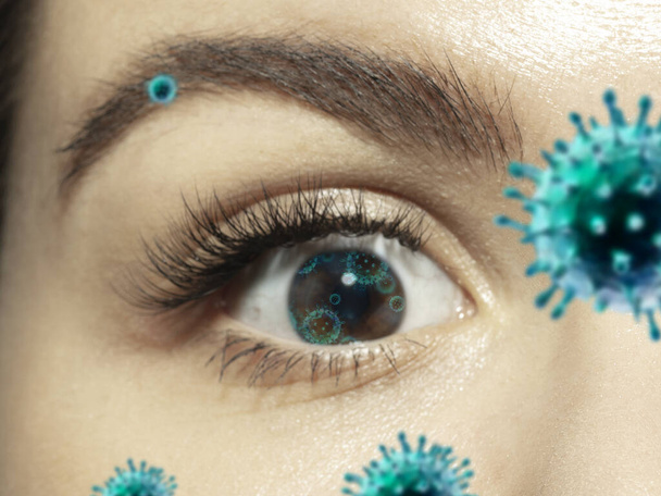 Detailní záběr ženského oka s 3D-ilustrované koronavirové modely, způsob infikování - Fotografie, Obrázek