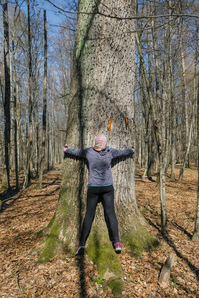  60 year old sporty woman hugging old mighty tree in forest in Ukraine on a sunny day. Back view. - Photo, Image