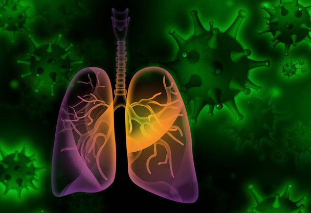 Ilustracja chorych płuc i wirusów na ciemnym tle - Zdjęcie, obraz