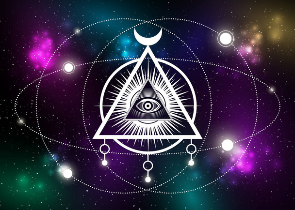 Mystieke tekening, Alziend oog, banen van planeten, energiecirkel. Heilige geometrie. Alchemie, magie, esoterisch, occultisme. Achtergrond kleurrijk sterrenstelsel. Vector illustratie. Print, poster, T-shirt, kaart - Vector, afbeelding