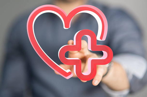 An illustration of a red heart with a medical cross and a man pointing at it - healthcare concept - Valokuva, kuva