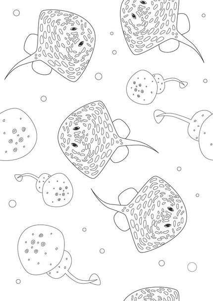 Seamless pattern or coloring page with sea stingrays or wild fish as an ornament for adults and children. Outline or linear stock vector illustration on white background for drawing anti stress in A4 format - Vector, Image