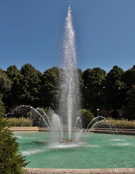 A vertical shot of a beautiful fountain with green trees and a clear blue sky in the background - Foto, Imagem