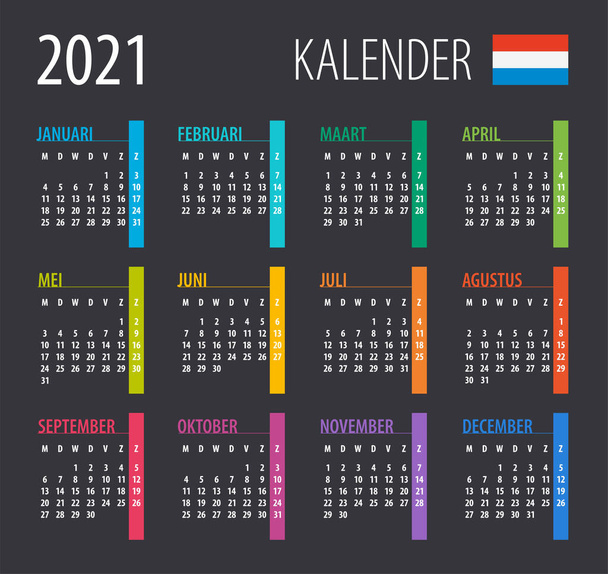 2021 Calendar - vector illustration. Template. Mock up. Dutch version - Vector, imagen