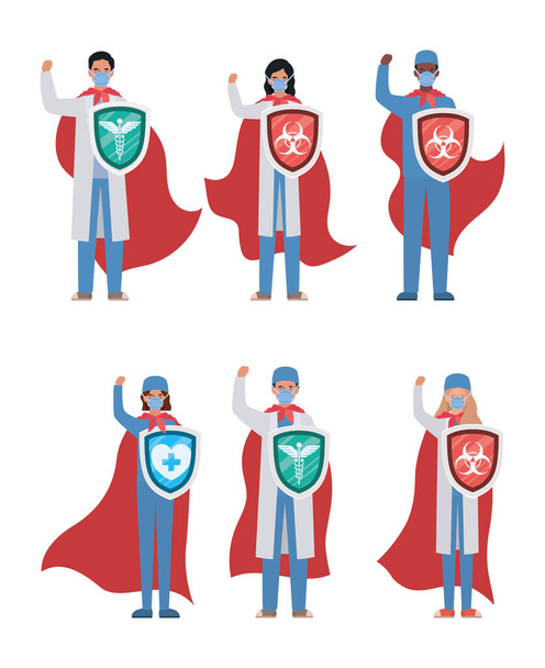 vrouwen en mannen dokters helden met capes en schilden tegen 2019 ncov virus vector ontwerp - Vector, afbeelding