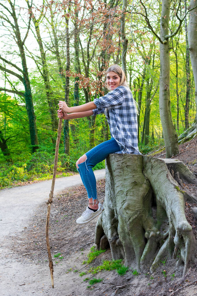 Jovem mulher senta-se sorrindo em um grande toco de árvore na floresta. Localização: Alemanha, Renânia do Norte Vestefália
 - Foto, Imagem